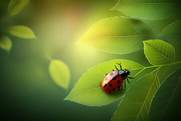 a ladybug sitting on top of a green leaf, Generative AI	