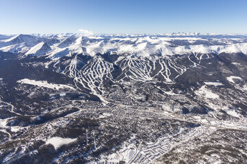 Aerial view of Breckenridge, Colorado, USA on a sunny Winter day.