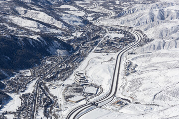 Aerial view of Avon, Colorado, USA in Winter.