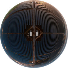 360 Degree Stereographic projection of Solar Photovoltaic. Solar plant rows array of ground mount system Installation for producing alternative energy for sustainable development. renewable energy