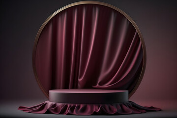 Maroon silk satin showcase, round product display platform with silky fabric curtain circle background, 3d illustration for design, mockup, template