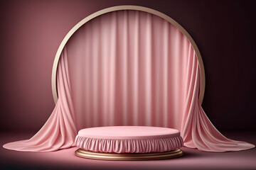 Pink silk satin showcase, round product display platform with silky fabric curtain background, 3d illustration for design, mockup, valentine template