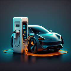 Fototapeta na wymiar EV car with Electric charging station charger background, Generative AI