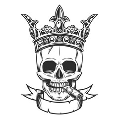 Skull smoking cigar or cigarette smoke in crown king with crossed swords and ribbon illustration. Vintage crowning, elegant queen or king crowns, royal imperial coronation symbols.