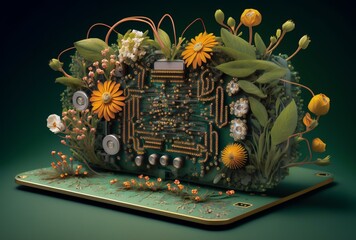 circuit board with blooming flowers growing on top of it (AI Generated)