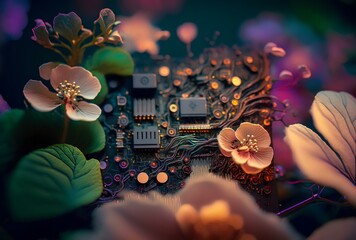 circuit board with blooming flowers growing on top of it (AI Generated)