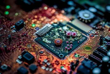 circuit board with blooming flowers growing on top of it (AI Generated)