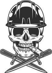 New construction builder skull smoking cigar or cigarette smoke with crossed knife, hard hat business business remodeling house vintage style illustration