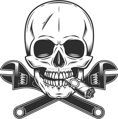 Skull  smoking cigar or cigarette smoke with wrench tools in monochrome illustration style icon. Construction spanner plumbing key tool isolated on white background.