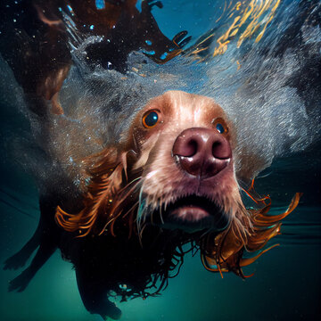 A cute dog swimming underwater for their close-up. This is a generative AI picture.