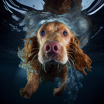 A cute dog swimming underwater for their close-up. This is a generative AI picture.