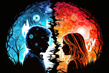 Boy and Girl. Fire and Ice. The contrast between warm and cold. Generative AI. This image is not based on any original image, character or person