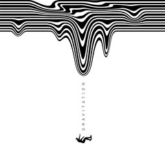 Hypnotic optical vector illustration. Multidimensional waves flowing like a river, with human body, and "Gravitation" text.