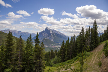 Mountain landscape - coniferous forest, beautiful blue sky with clouds. Summer tourism in nature. Banff, Alberta, Canada. Rocky Mountains