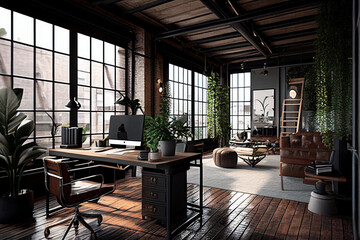 interior of a cafe Luxury workspace office decorated with industrial loft modern interior design. AI generative image.