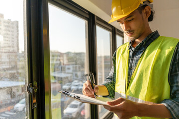 inspector or engineer is inspecting construction and quality assurance new house using a checklist. Engineers or architects or contactor work to build the house before handing it over to the homeowne