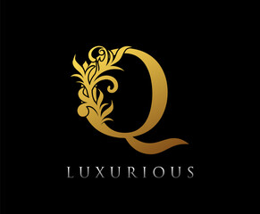 Golden Q Luxury Logo Icon, Vintage Swirl Q Letter Logo Design..