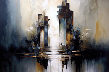 An abstract oil painting featuring textured brushstrokes and earthy tones, showcasing the artist's interpretation of form and color. The aging process has added to its unique character, Generative AI 