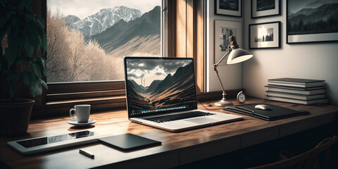 Office desk with mountains background, business
