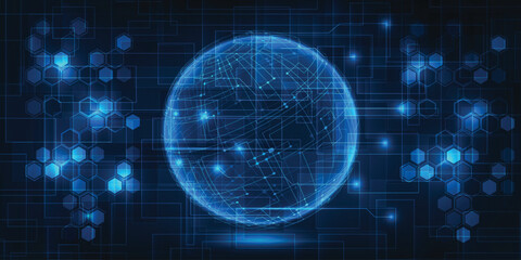 Obraz premium Vector illustrations of digital communication system wire connecting network around the world.Dark blue futuristic for technology background banner and wallpapers.