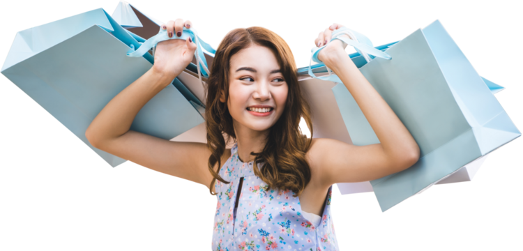 Portrait of happy young adult asian woman hand with shopping bags isolated background