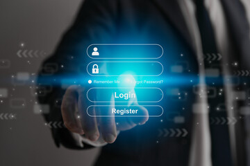 Businessman Hand Touching Blue Username and Password Login Interface