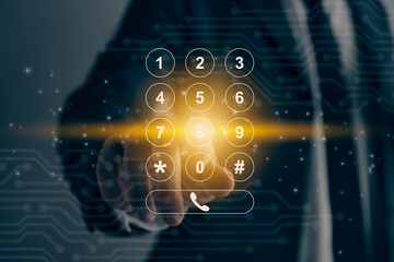 Businessman Hand Touching Transparent Phone Keypad Screen in Vintage Tone