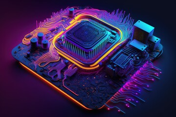 Circuit board with processor in neon lights colors, Digital illustration, Generative AI