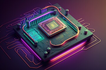 Circuit board with processor in neon lights colors, Digital illustration, Generative AI