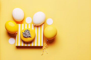 Flatlay View of Birthday Card, Balloons, and Cake on Joyful Yellow Background