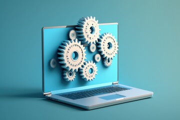 Laptop with gears on screen on blue background, settings concept, digital illustration, AI