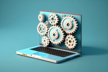 Fototapeta premium Laptop with gears on screen on blue background, settings concept, digital illustration, AI