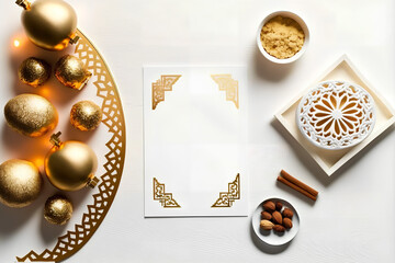 Flatlay View of Ramadhan Foods and Greeting Card on Cozy Wooden Background