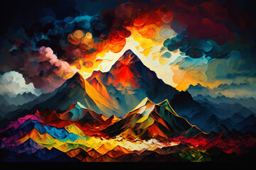 a painting of a mountain with a sunset in the background, Generative AI