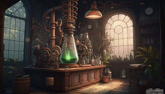 Steampunk lab, old science laboratory with steam engines, digital illustration, AI



