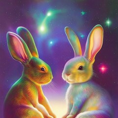 Illustration of two rabbits in front of a celestial background (created with Generative AI)