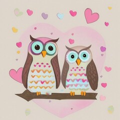 Fototapeta premium Illustration of two cute owls in love surrounded by hearts (created with Generative AI)