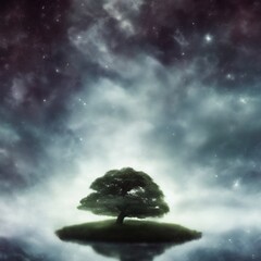 Illustration of a single tree on a cosmic island (created with Generative AI)
