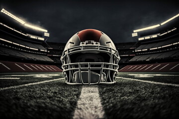 Red & white American football helmet placed in the middle of the field of an empty stadium. Created by Generative AI