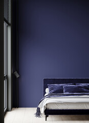 Luxury modern bedroom in blue navy color. Dark room interior design home or hotel. Black and indigo tones accent wall for the mockup art. Painting nice space for pictures or lamp. 3d rendering