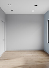 Empty room for moodboard renovation and interior design home. Gray neutral walls with blue accents. Floor parquet. Mockup empty for artist and designers. 3d rendering
