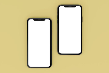 Customizable realistic two blank mobile screen mockups in top view