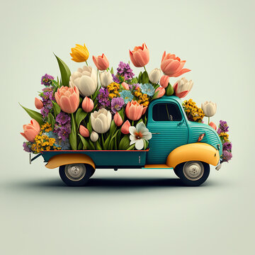 A Vintage Car Truck with Festive Easter Flowers. Generative AI