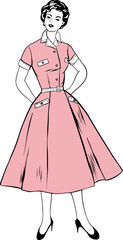 Vector fashion image young woman in retro vintage dress
