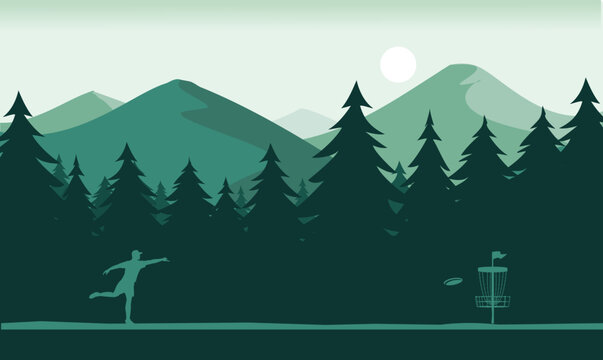 Premium editable vector file of fabulous discgolf game with beautiful forest scene in the background best for your digital design and print mockup