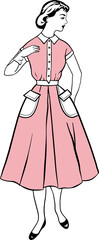 Vector fashion image young woman in retro 1960s vintage dress