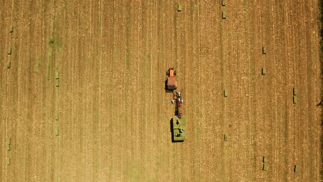 Agricultural machines working in farmland during harvesting. Farming concept. Top view.