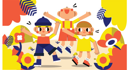 Fototapeta premium cute kids hiking having fun colourful illustration