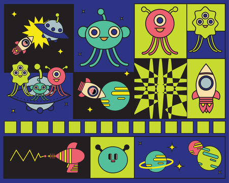 set of colourful cartoon space monsters illustration