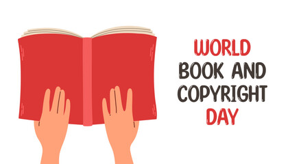 World Book and Copyright Day. Open book with hand on white background. Reading vector illustration.